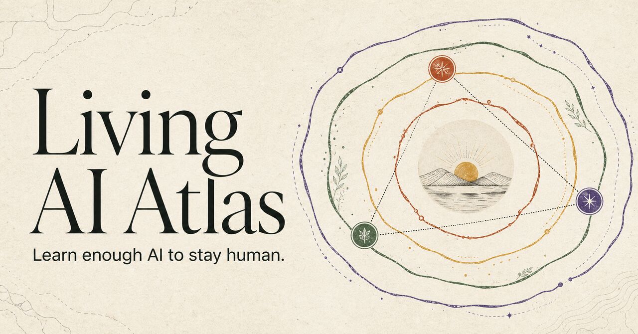 Living AI Atlas artwork with concentric paths around a landscape and the words Learn enough AI to stay human